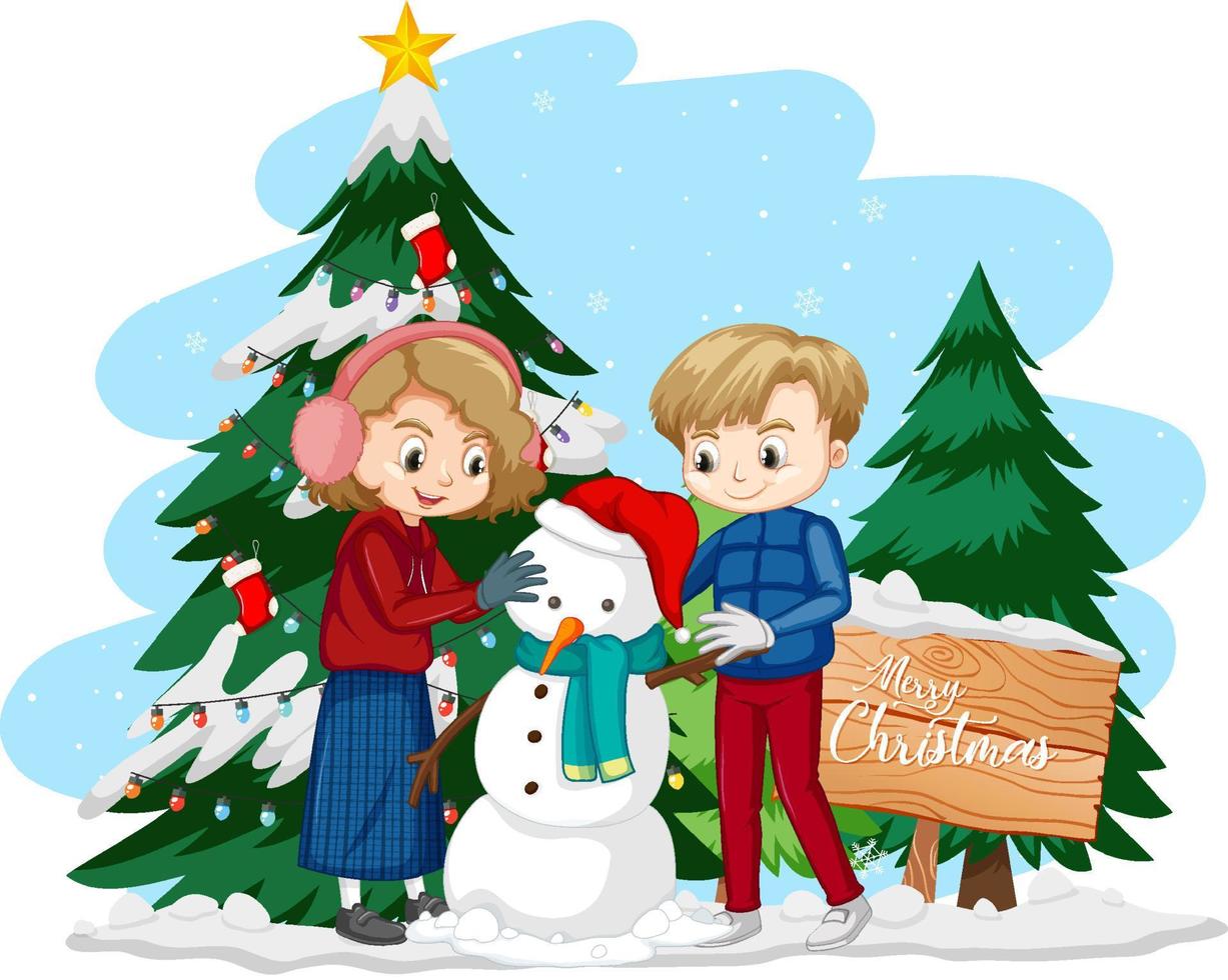 pareja de niños construyendo un muñeco de nieve junto con un árbol de navidad vector