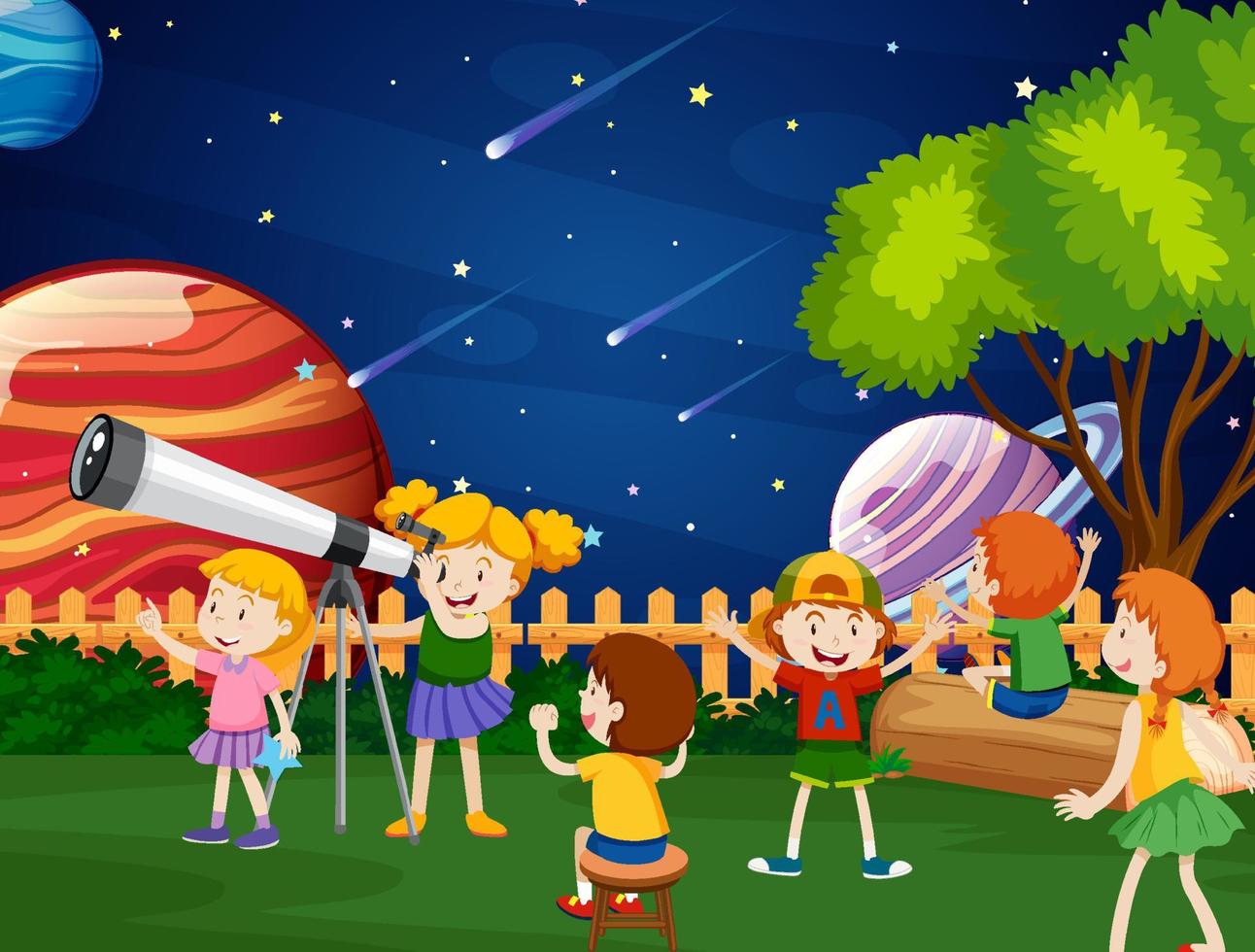 niños mirando el planeta con telescopio vector