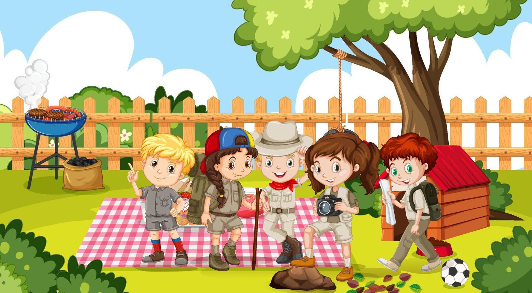 Boys and girls picnic in garden vector