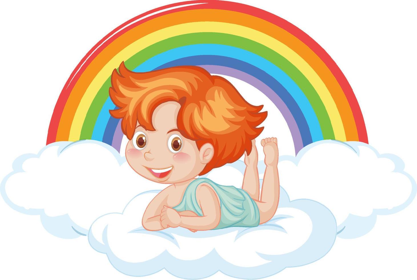 Angel boy lying on a cloud with rainbow vector