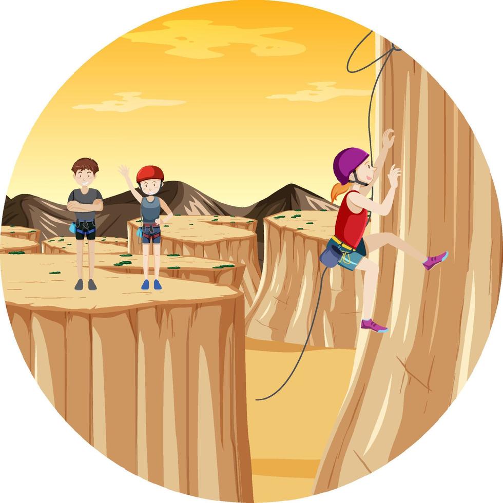 Scene with people climbing rocky moutain on circle artboard vector