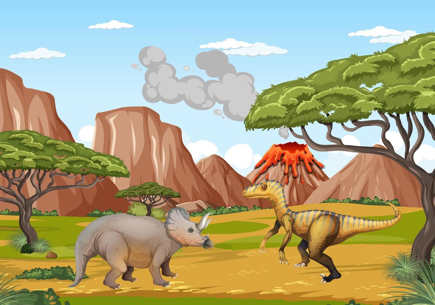 dinosaurio en la escena del bosque prehistórico vector