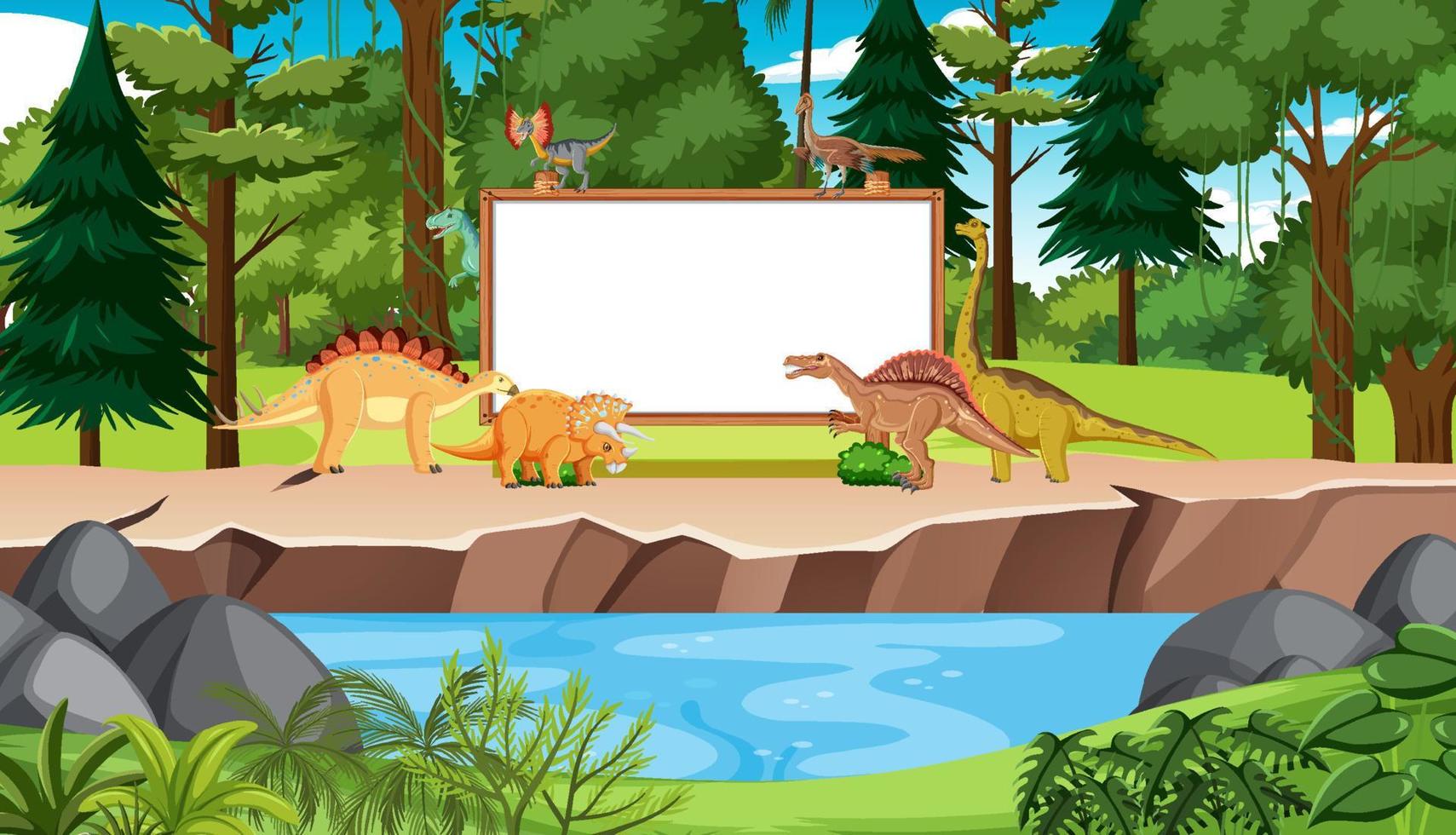escena con dinosaurios en el bosque vector