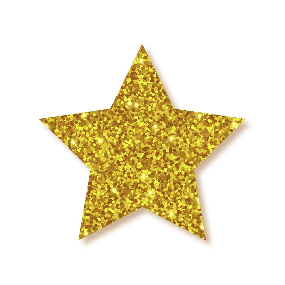 Gold shiny glitter glowing star with shadow isolated on white background. Vector illustration