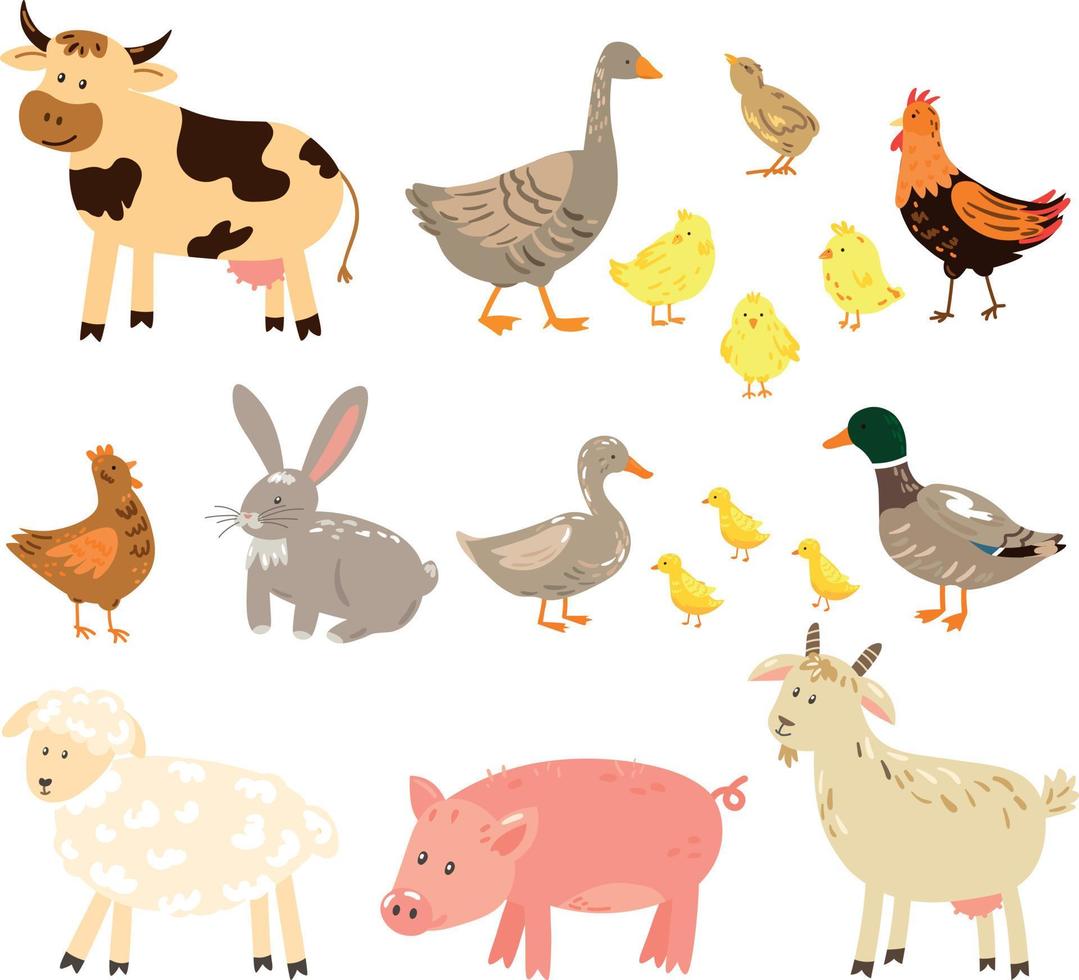 conjunto vectorial de animales de granja y aves vector