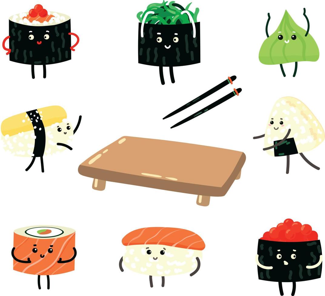 conjunto de vectores de divertidos personajes de dibujos animados sushi y rollos