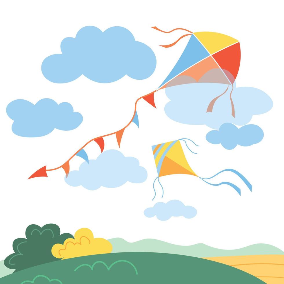 Summer Landscape with Flying Kites vector