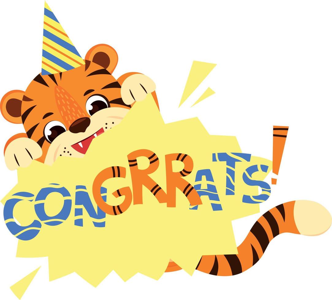 Funny Tiger with Lettering Congrats. Lettering for Greeting Card for Baby vector