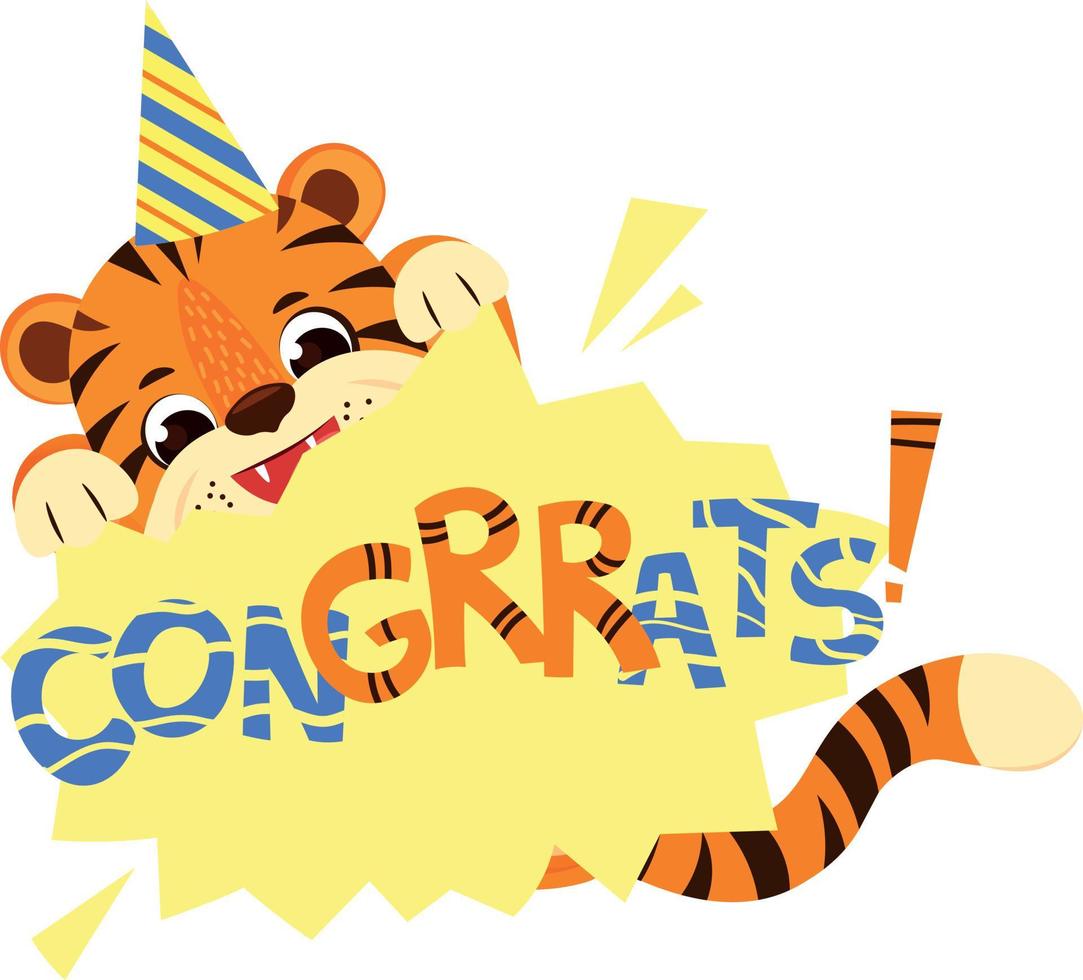 tigre divertido con letras felicidades. letras para tarjeta de felicitación para bebé vector