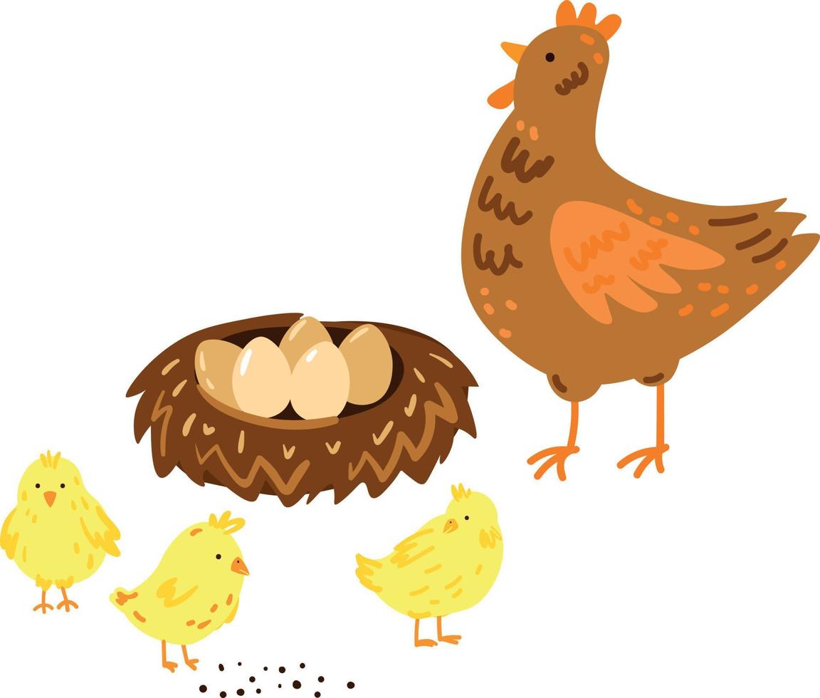 ilustración de gallina, pollitos y nido con huevos vector