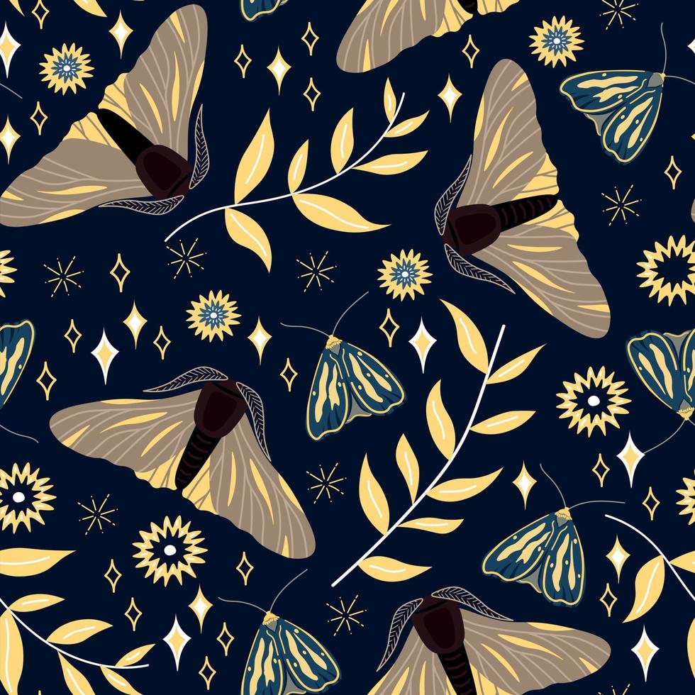 Seamless Decorative Pattern with Magic Moths and Stars vector