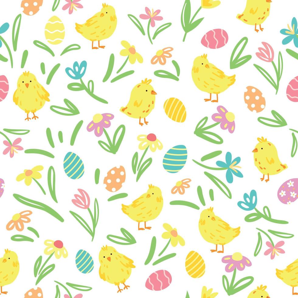 Easter Seamless Pattern with Cute Chikens, Easter Eggs and Spring Flowers vector