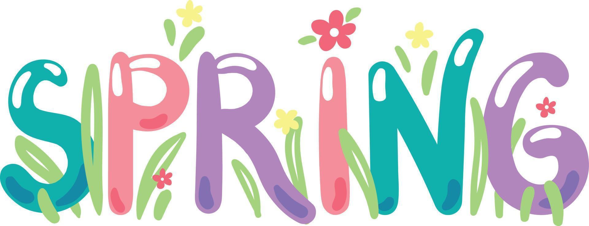 letras decorativas dibujadas a mano de primavera con lindas flores y hierba vector