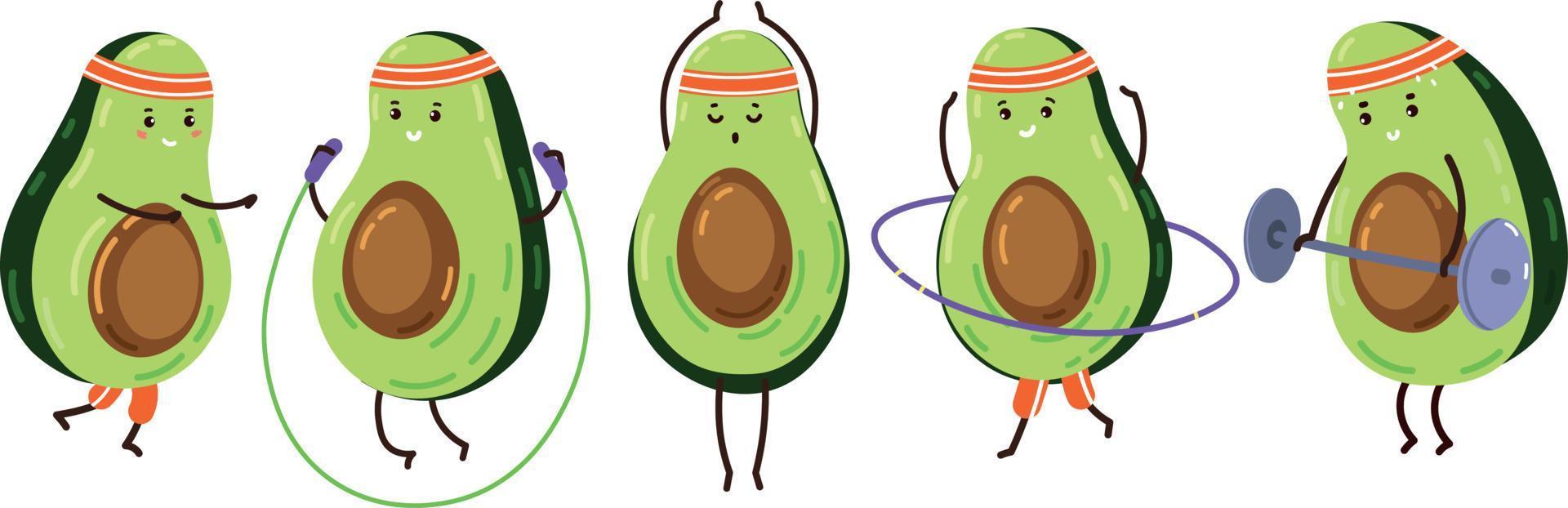 Set of Funny Sports Avocado Characters vector