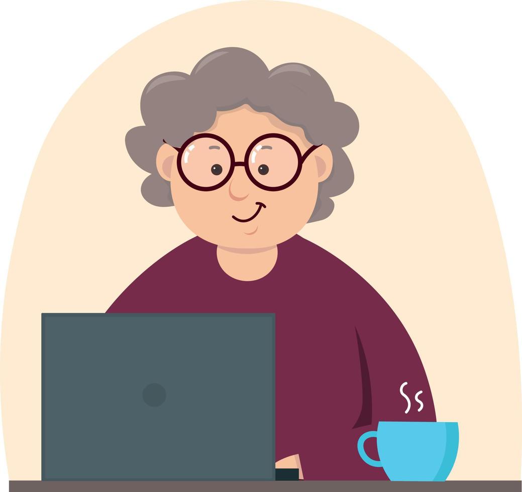 abuela feliz con laptop y taza de té vector