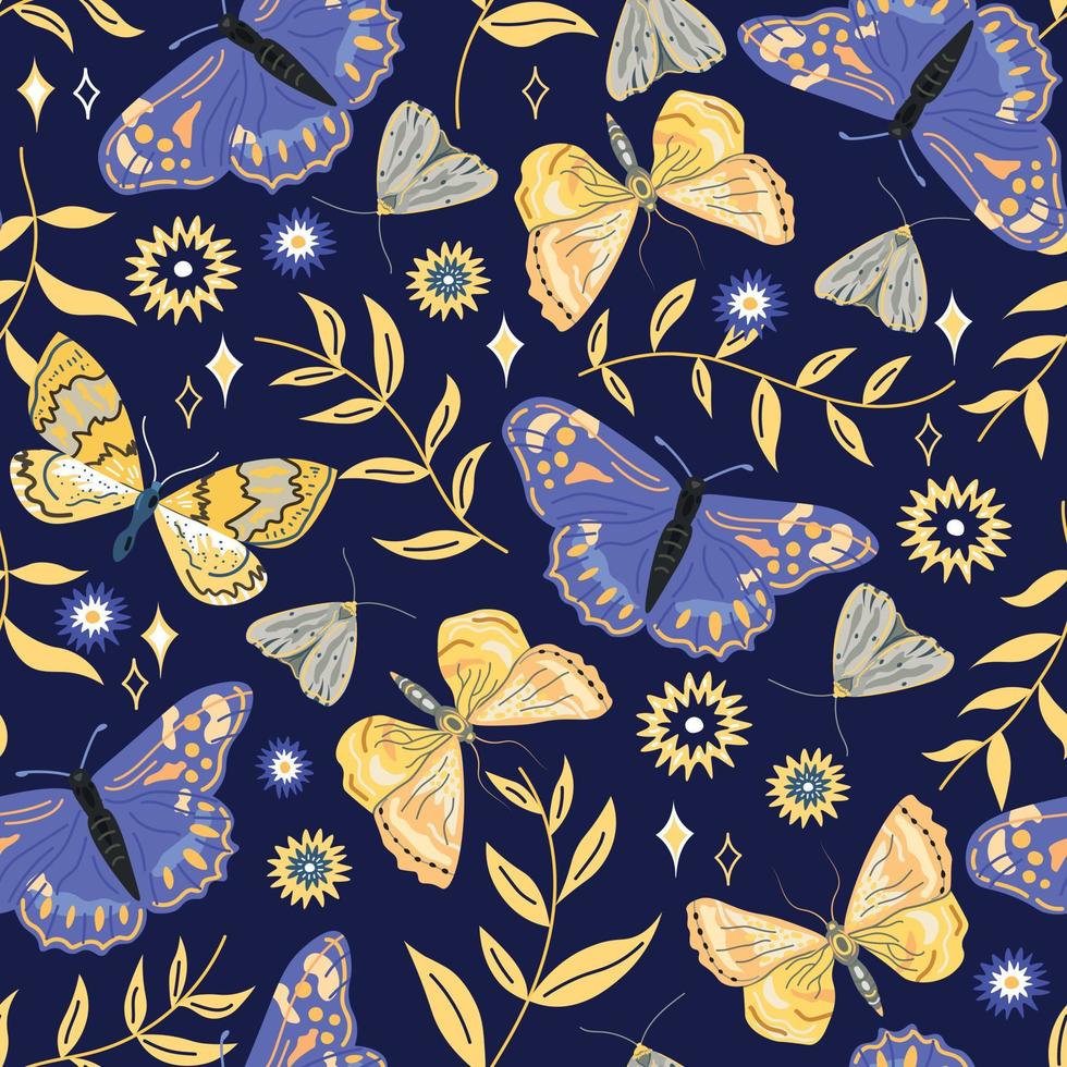 Beautiful Seamless Pattern with Butterflies and Floral Elements vector