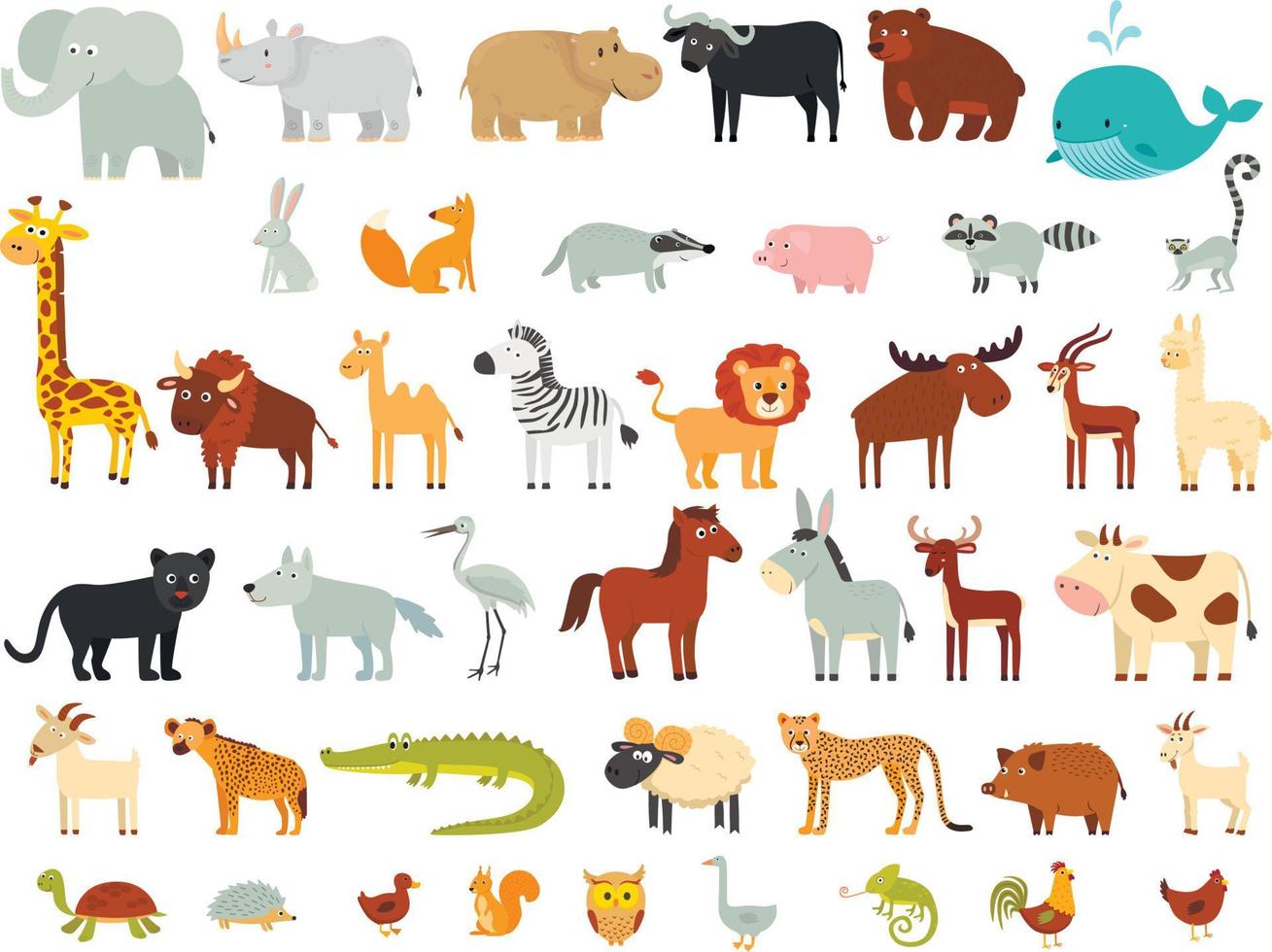 gran conjunto de animales de dibujos animados. una jirafa, un león, un elefante, una cebra, un hipopótamo, un lémur, un búfalo, un guepardo, un antílope, una hiena, una ballena. etc. vector