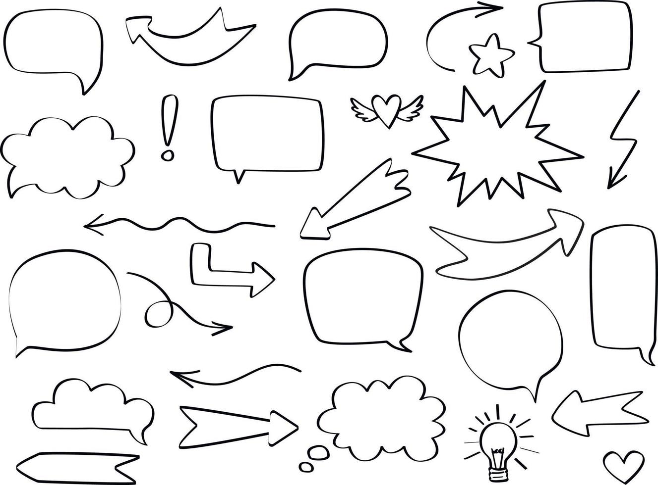 Comic speech bubble set with round, star, cloud and arrows. Hand drawn sketch doodle style. Vector illustration speech bubble chat, message element for quote text.