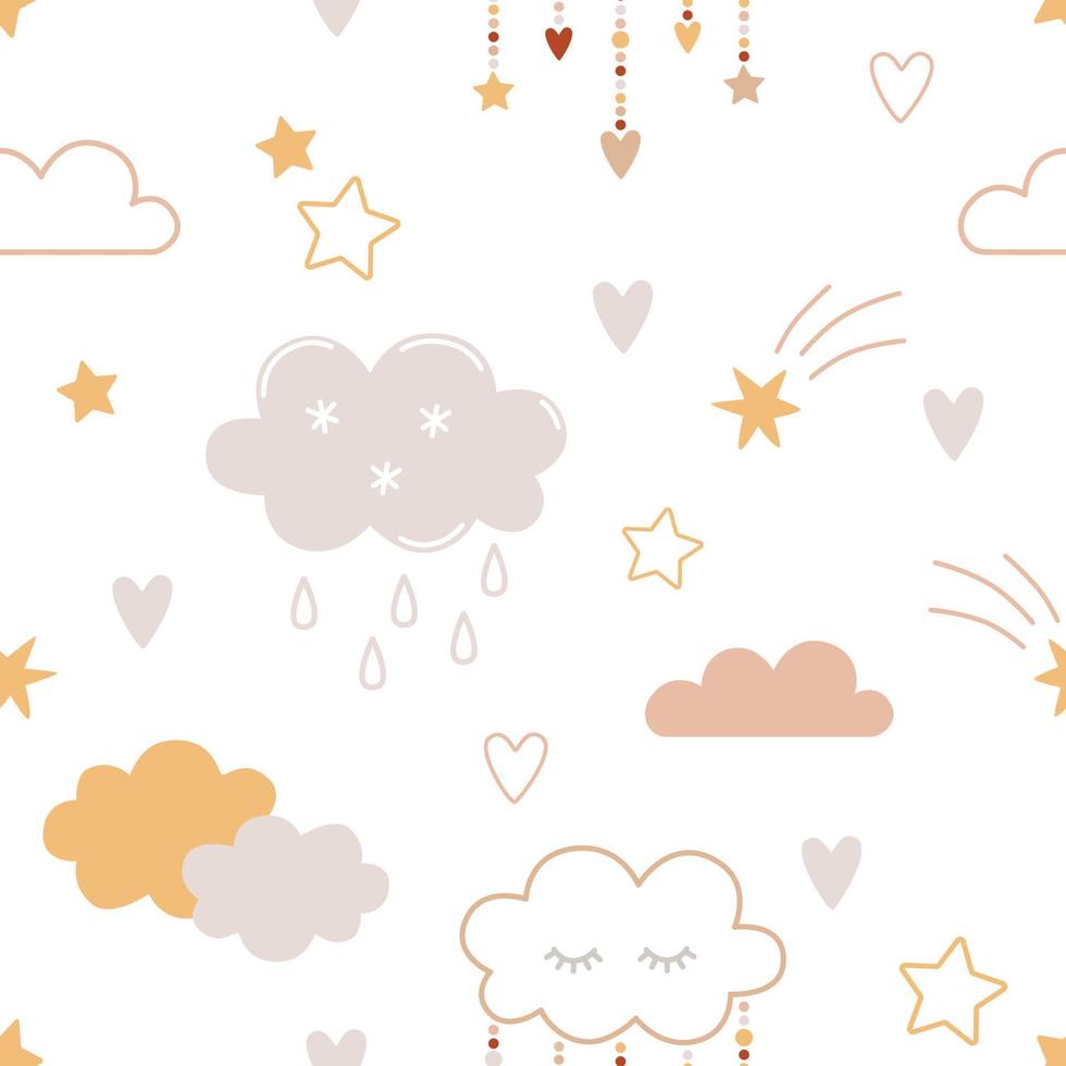 Seamless pattern with cute clouds. Childish print for nursery in a Scandinavian style for baby clothes, interior, packaging. Vector cartoon illustration in pastel colors.