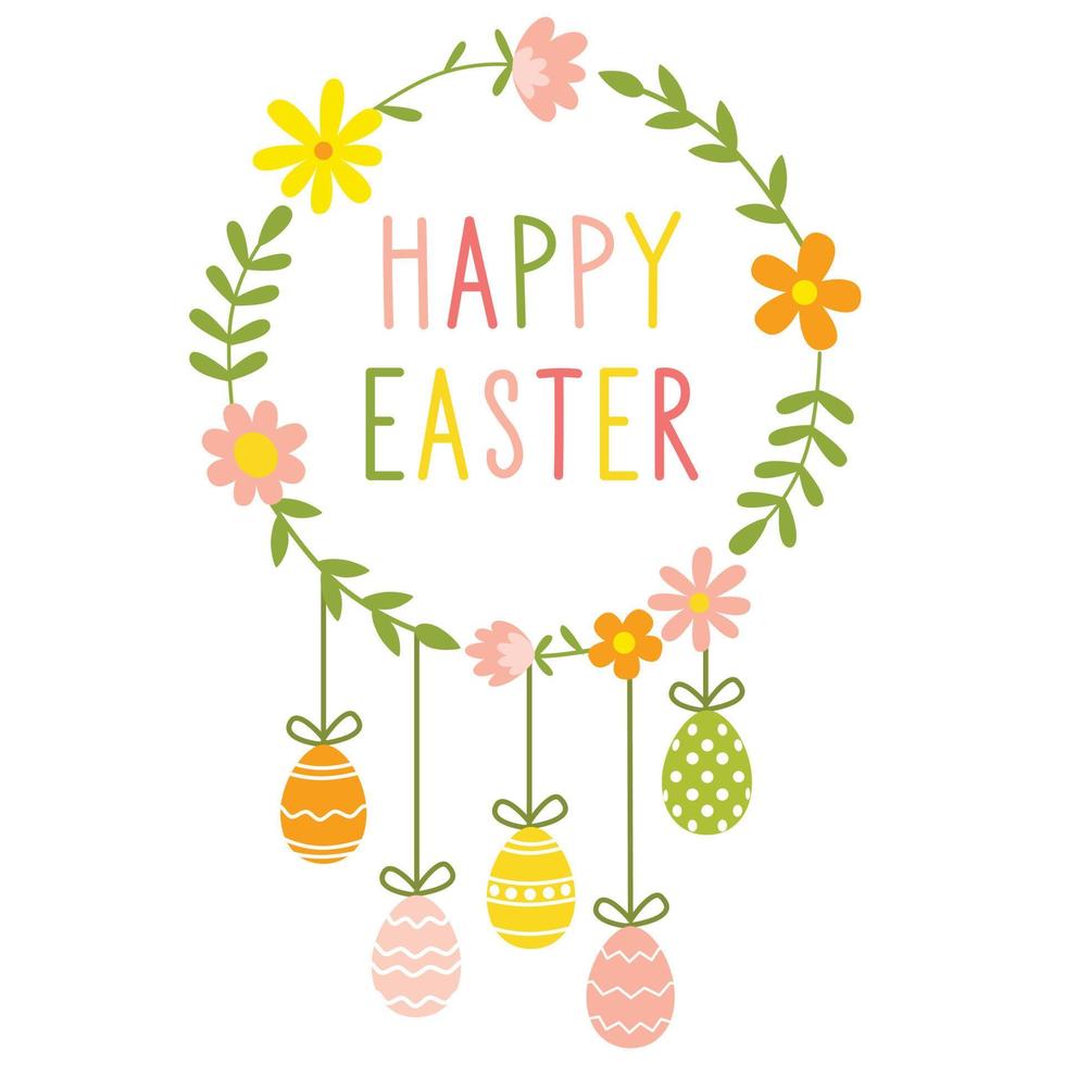 Happy Easter greeting card with a cute flowers frame and colored eggs. vector