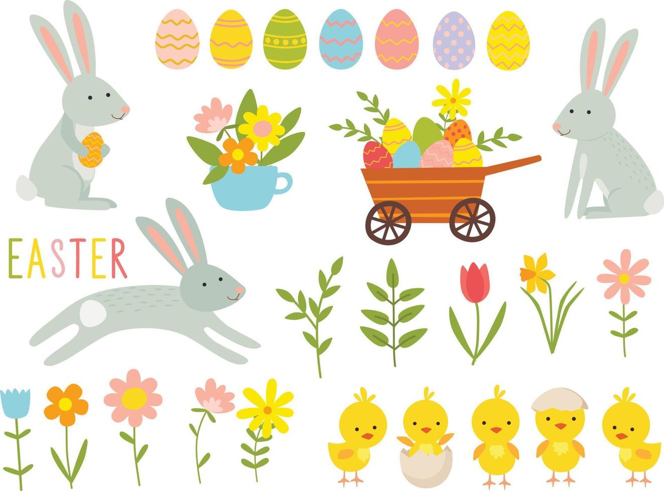 conjunto de lindos personajes de dibujos animados de Pascua y elementos de diseño. conejito de pascua, pollos, huevos y flores. ilustración vectorial vector