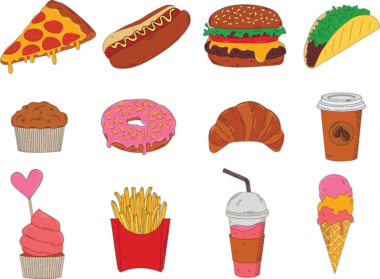 Set of colorful takeaway food. Hand drawn vector illustration Fast food, hot dog, hamburger, pizza, donut, tacos, ice cream, croissant, coffee, cupcake. Design elements in sketch style.