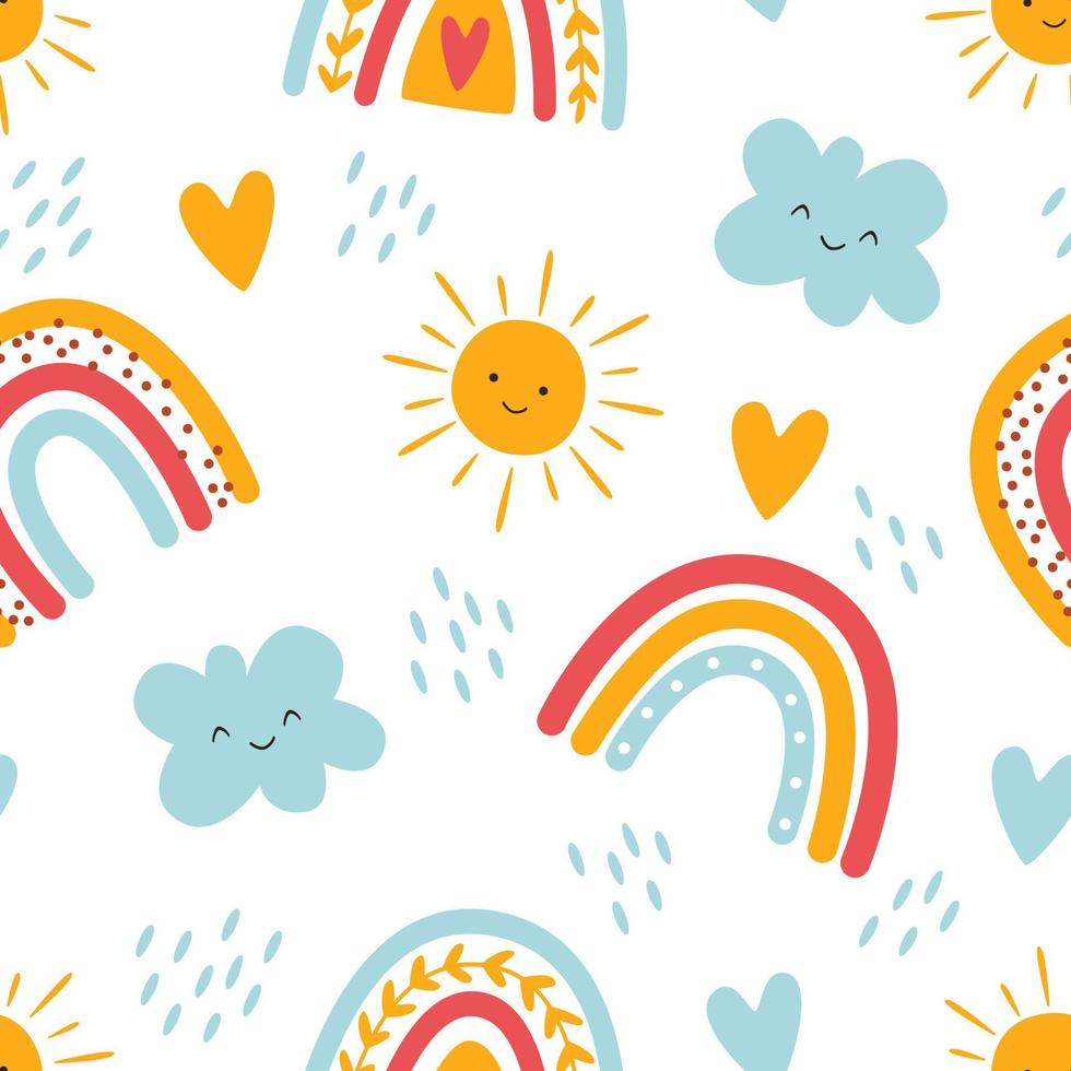 patrón sin costuras para niños con arco iris, sol y nubes para telas, ropa, vacaciones, papel de embalaje, decoración. ilustración vectorial vector