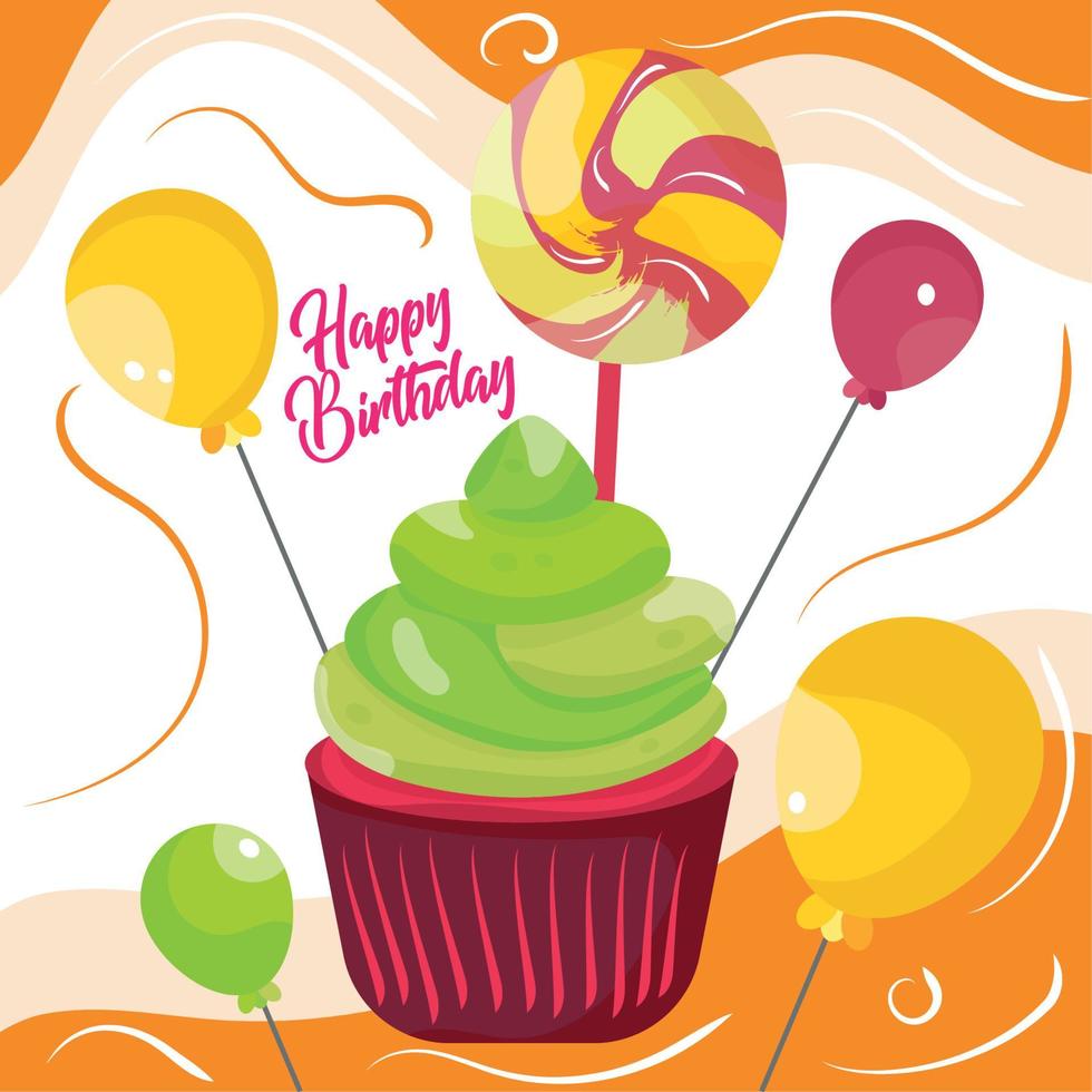 tarjeta de cumpleaños de color aislado muffin verde y piruletas vector