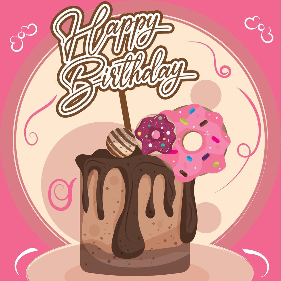 Pink birthday card chocolate cake with donuts Vector