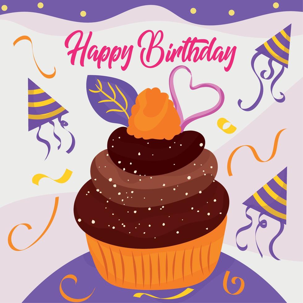 tarjeta de feliz cumpleaños púrpura con vector de cupcake isoltaed