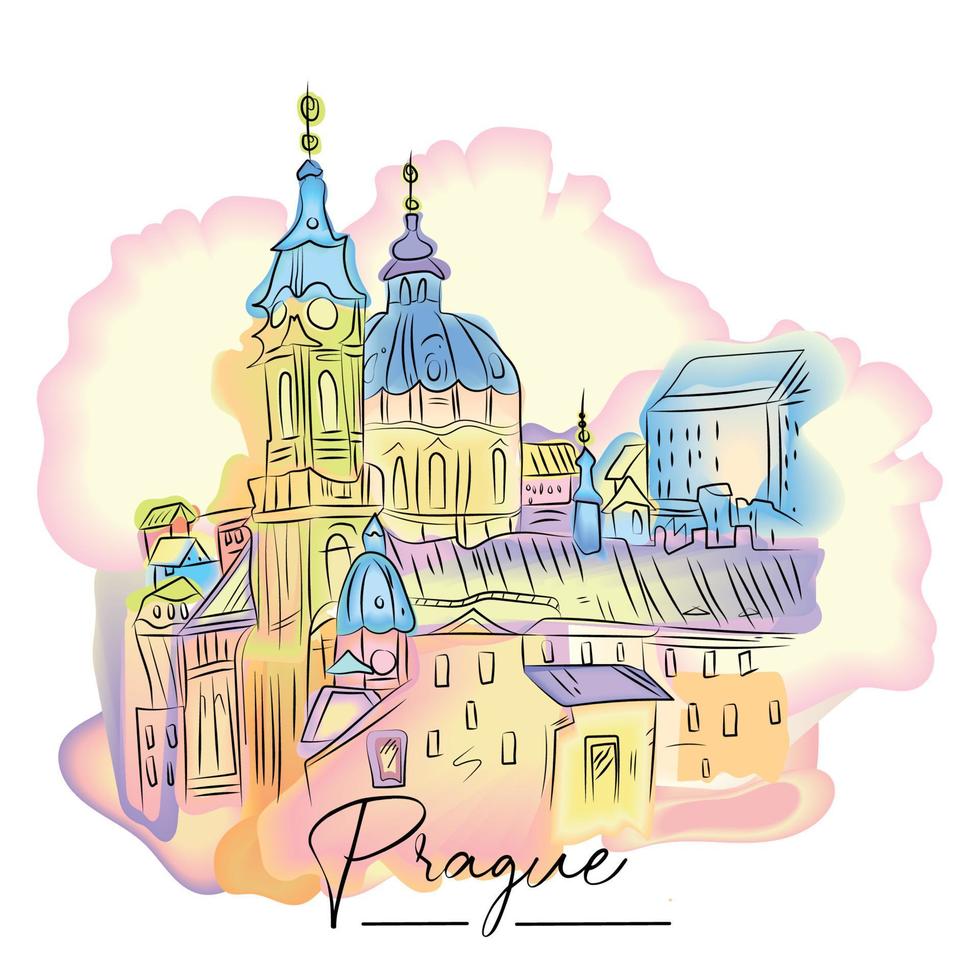 Cityscape of Prague Watercolor technique Vector illustration