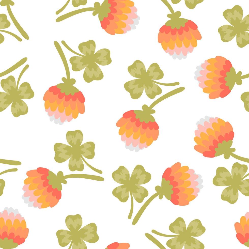 Four leaf clover with pink flower vector seamless pattern. Lucky clover four petals cartoon texture. Shamrock for St. Patrick's Day, Cute hand drawn floral background for fabric, wallpaper, wrap paper