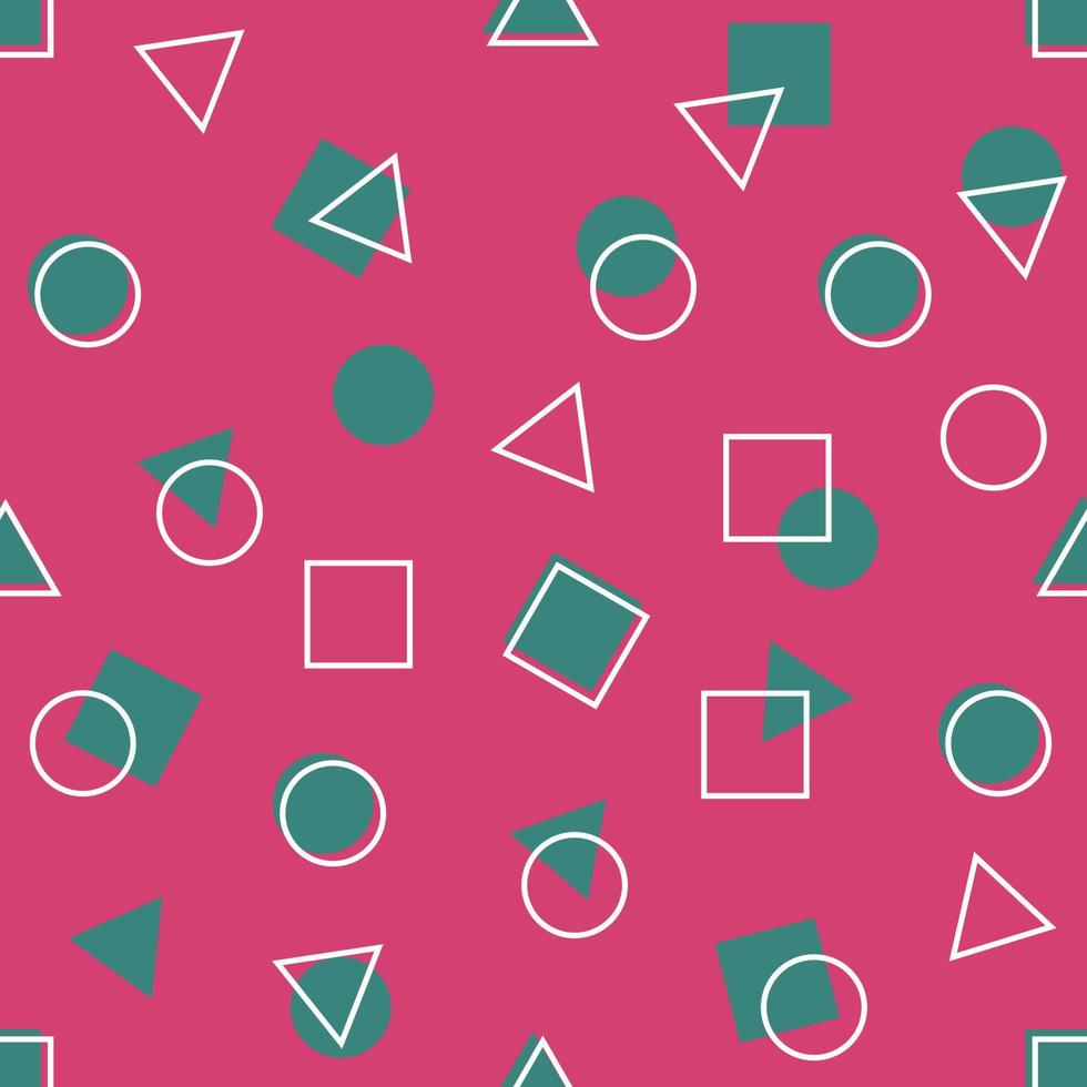 patrón abstracto sin costuras sobre fondo rosa cuadrados círculos triángulos en blanco y azul vector