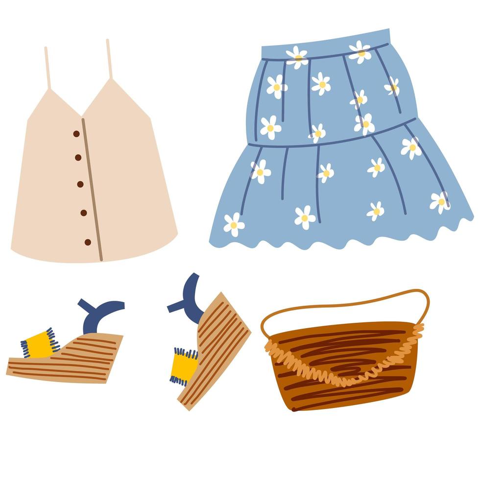 A set of boho outfits and various boho elements. Fashionable clothes, bag, skirt, shoes, top. vector