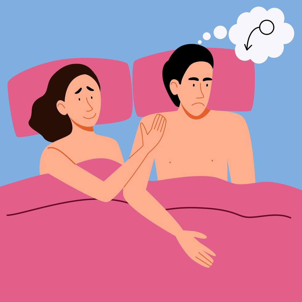 un par de hombres y mujeres acostados en la cama. la chica consuela al chico. vector