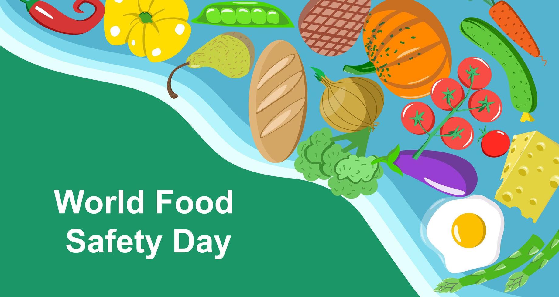 día mundial de la seguridad alimentaria en junio con verduras, pan y frutas. vector