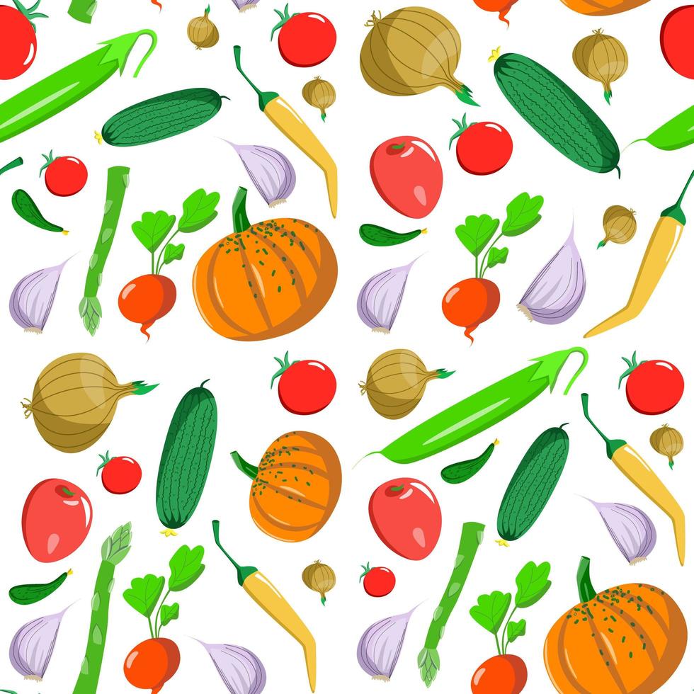 patrón sin fisuras con verduras en un estilo de dibujos animados. textura vectorial iconos planos pimienta, calabaza, espárragos y tomate. vector
