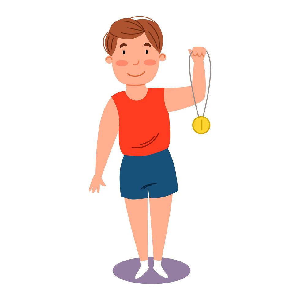 The winning boy with a medal in his hand. Childrenes sports victory. vector