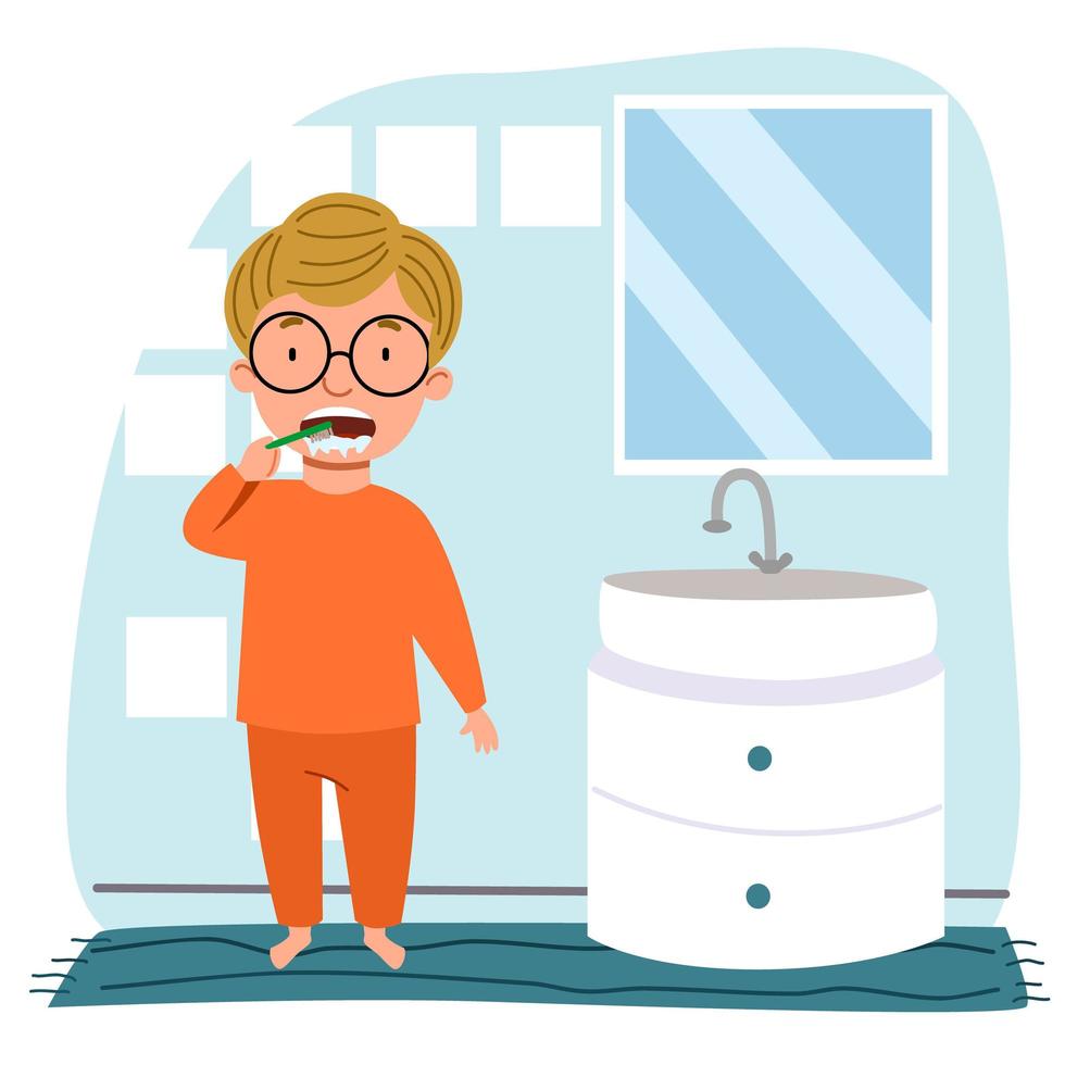 a European boy in glasses and pajamas is brushing his teeth in the bathroom. vector