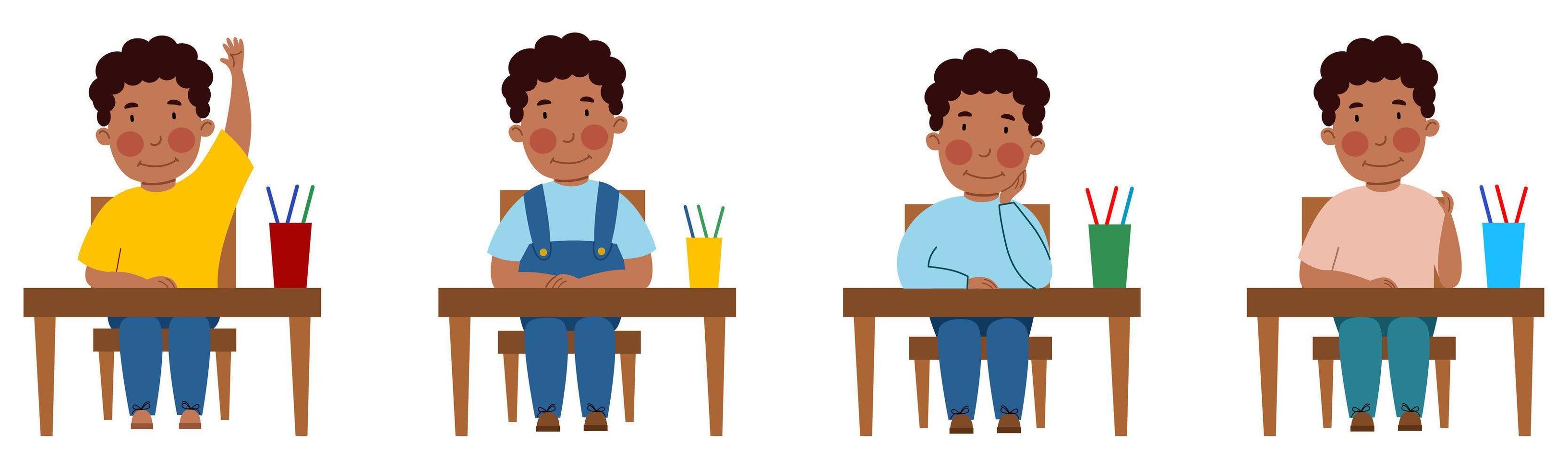 A set of illustrations with a student sitting at a classroom desk. A dark-skinned, curly-haired boy at the table raised her hand. vector