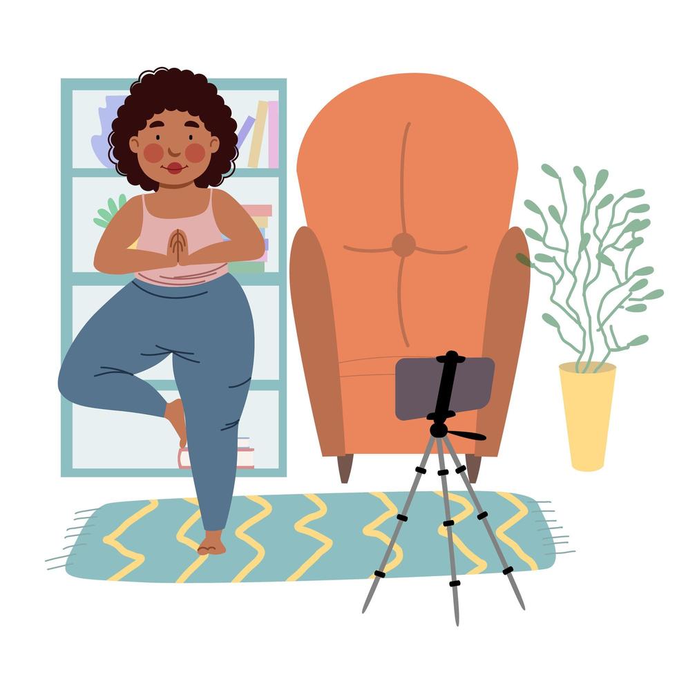 The girl takes online classes on the phone, does yoga. The concept of Stay at home. vector