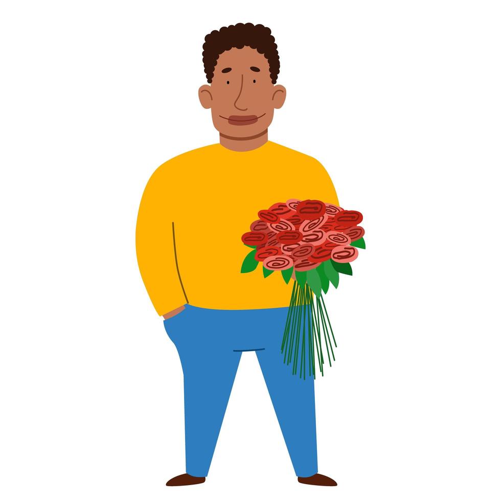 un hombre afroamericano con flores en la mano. ilustración vectorial vector