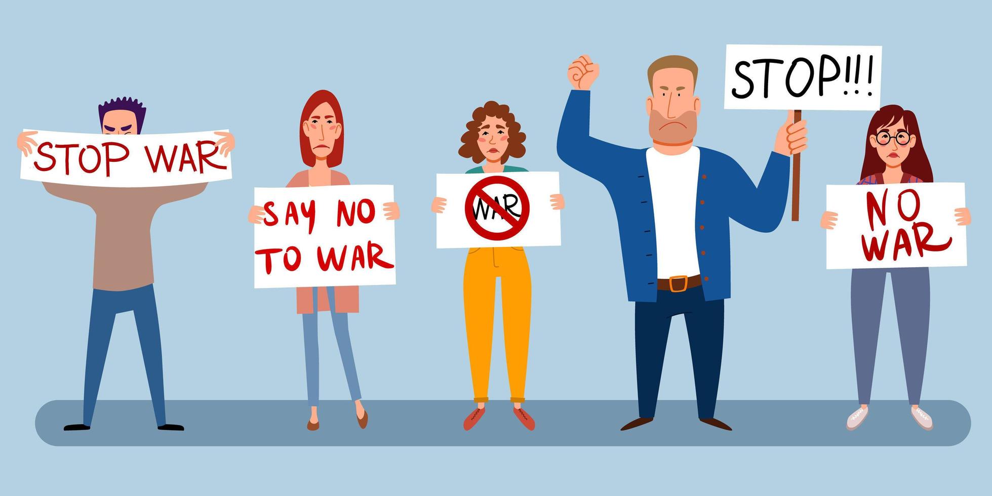 Protesting crowd of people with posters No to war. vector illustration