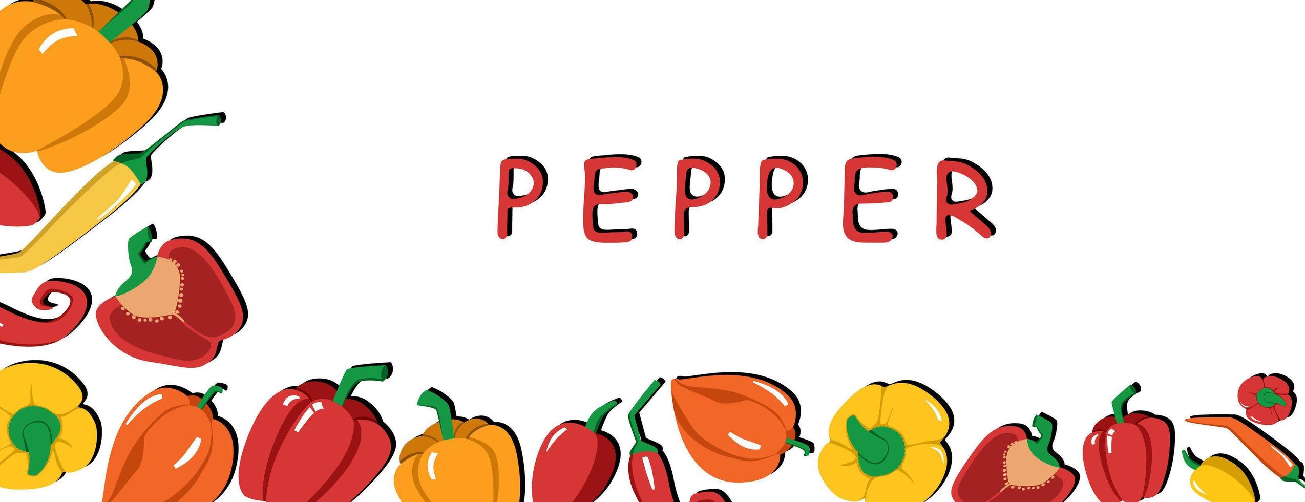 banner vectorial brillante hecho de pimientos. vegetales frescos de dibujos animados, espacio para texto. vector