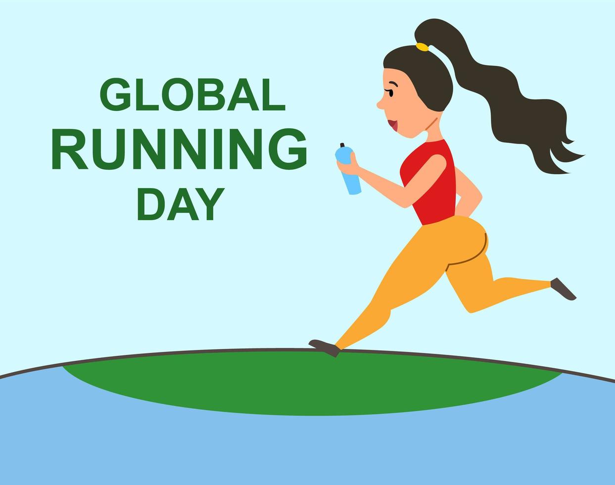 Global Running Day flat vector illustration. Poster of a piece of land with the inscription. Jogging female athletes cartoon character.