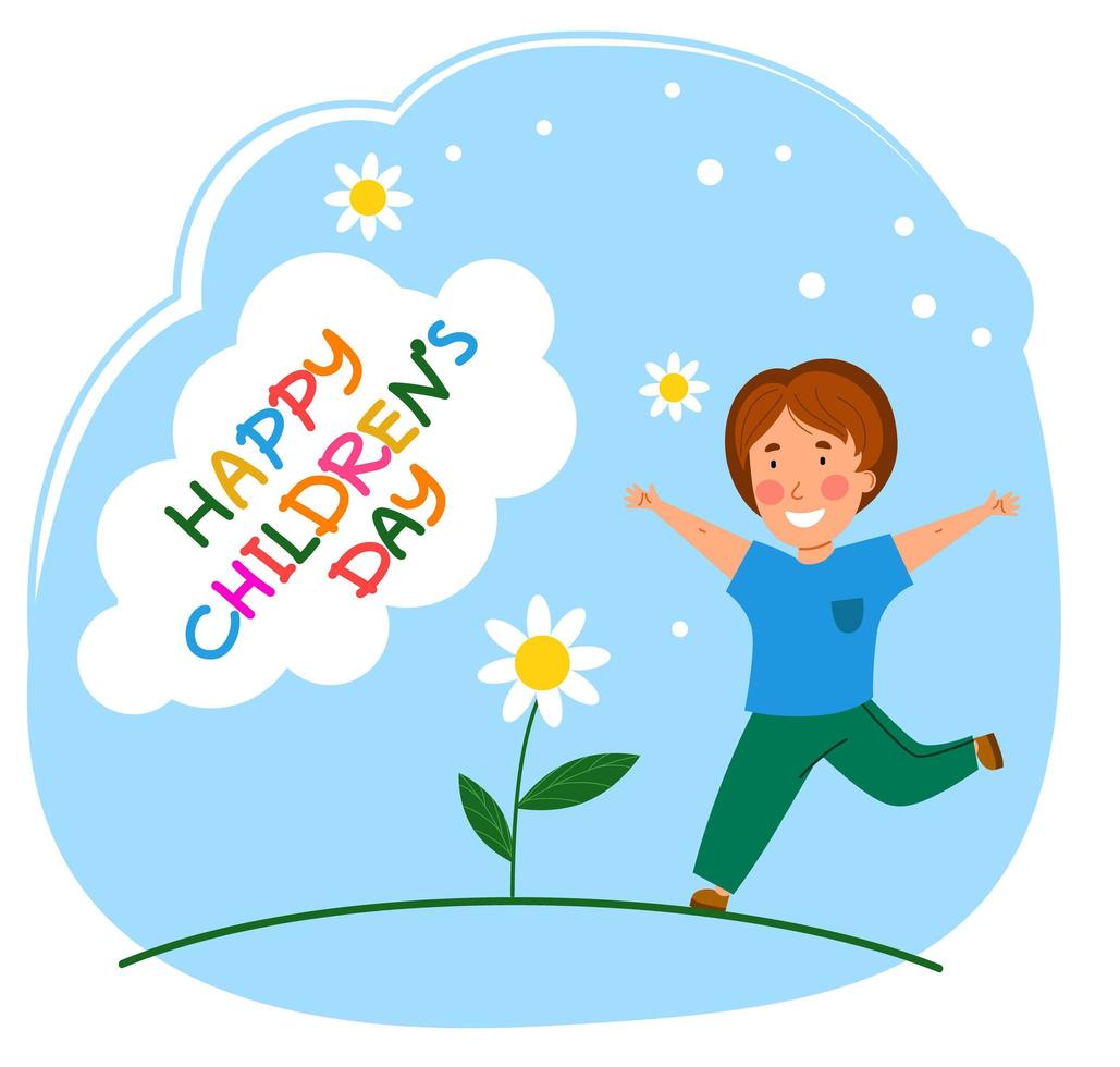 niños felices es un día. un chico divertido corre por un campo floreciente. vector