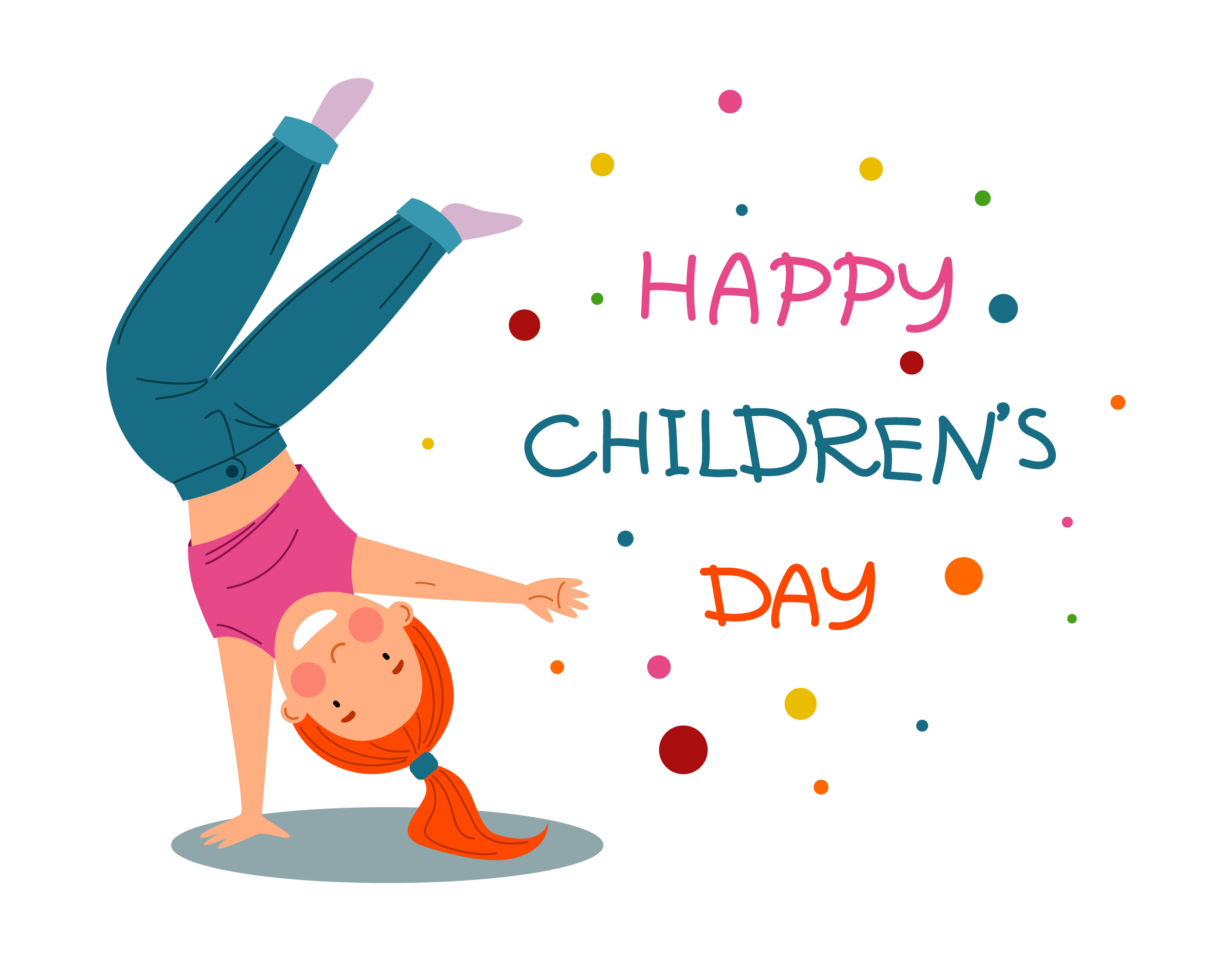 Happy children is a Day. Funny red-haired girl stands on one hand. 6440202  Vector Art at Vecteezy