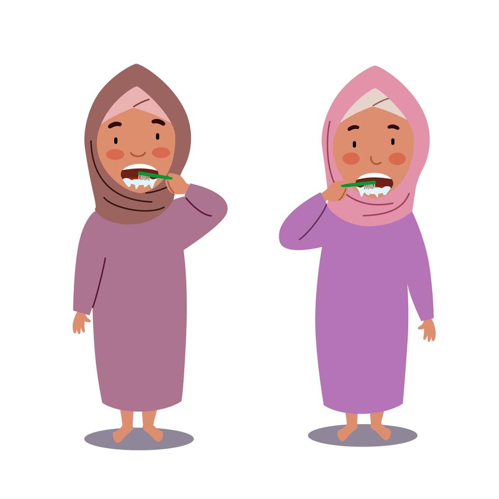 girls in hijab brush their teeth. Children are hygiene. vector