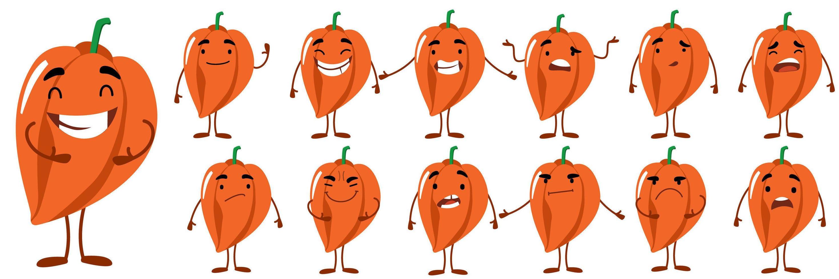 Seth is a cute orange bell pepper character with different emotions vector