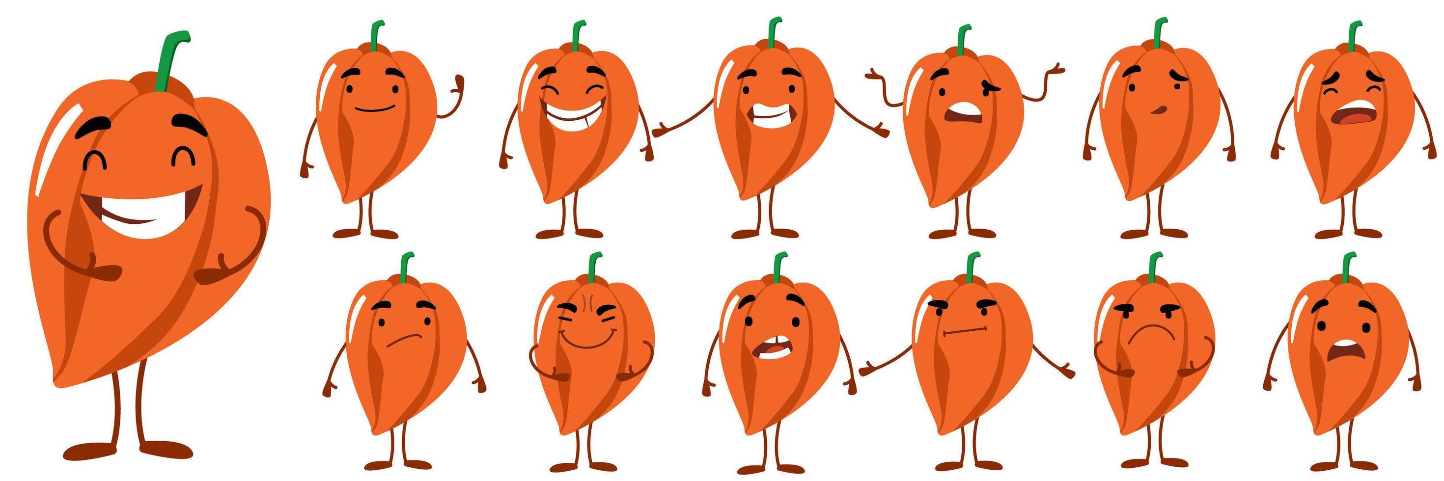 seth es un lindo personaje de pimiento naranja con diferentes emociones vector